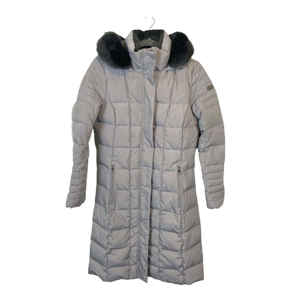 Calvin Klein Puffer Coat Womens Gray Long Sleeve Faux Fur Trim Down Fill Sz S